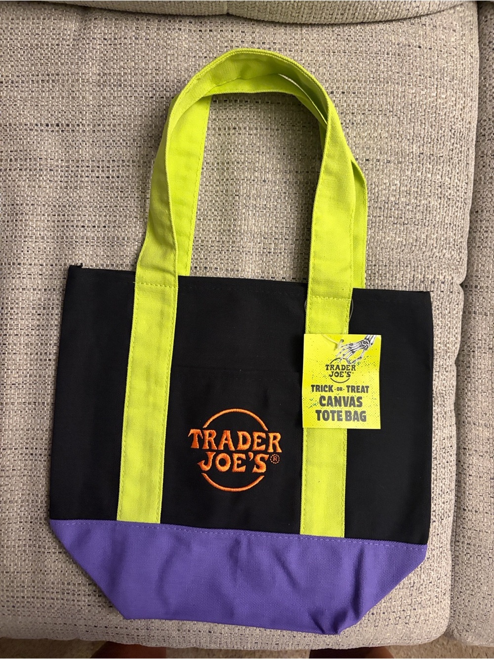 Trader Joe's Black Canvas Tote with Lime Handles & Purple Base